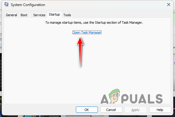 Opening Task Manager via the Startup tab