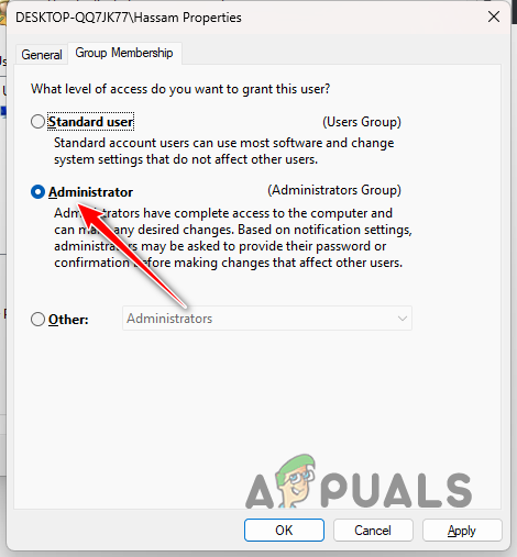 Assigning User Account to Administrators Group