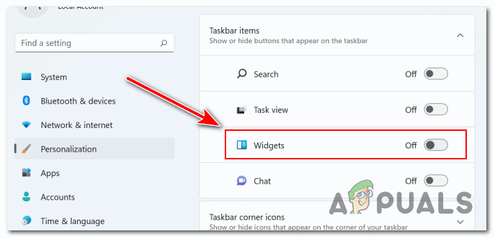 Turn off the Widget button on the Taskbar Settings pages Taskbar Items section.