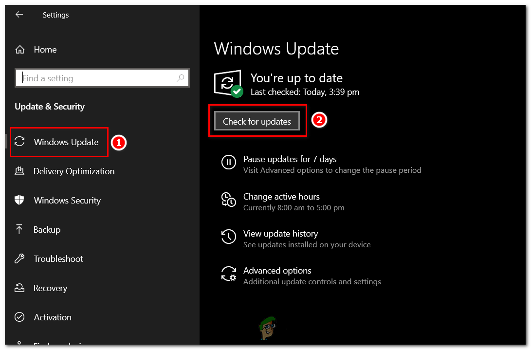 In the Windows Update tab, left click on "Check for updates".