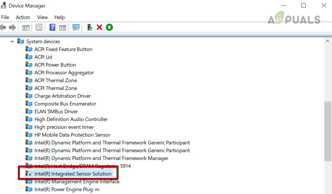 Disable Intel Integrated Sensor Solution in the Laptop's Device Manager
