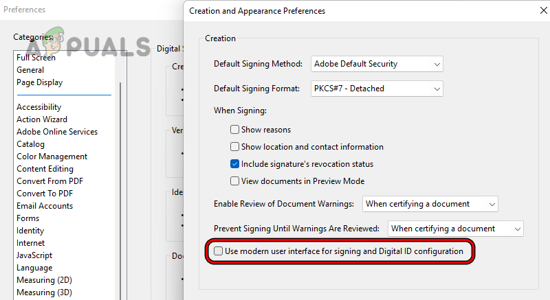 Uncheck Use Modern Interface for Signing and Digital ID Configuration in the Adobe Acrobat Preferences