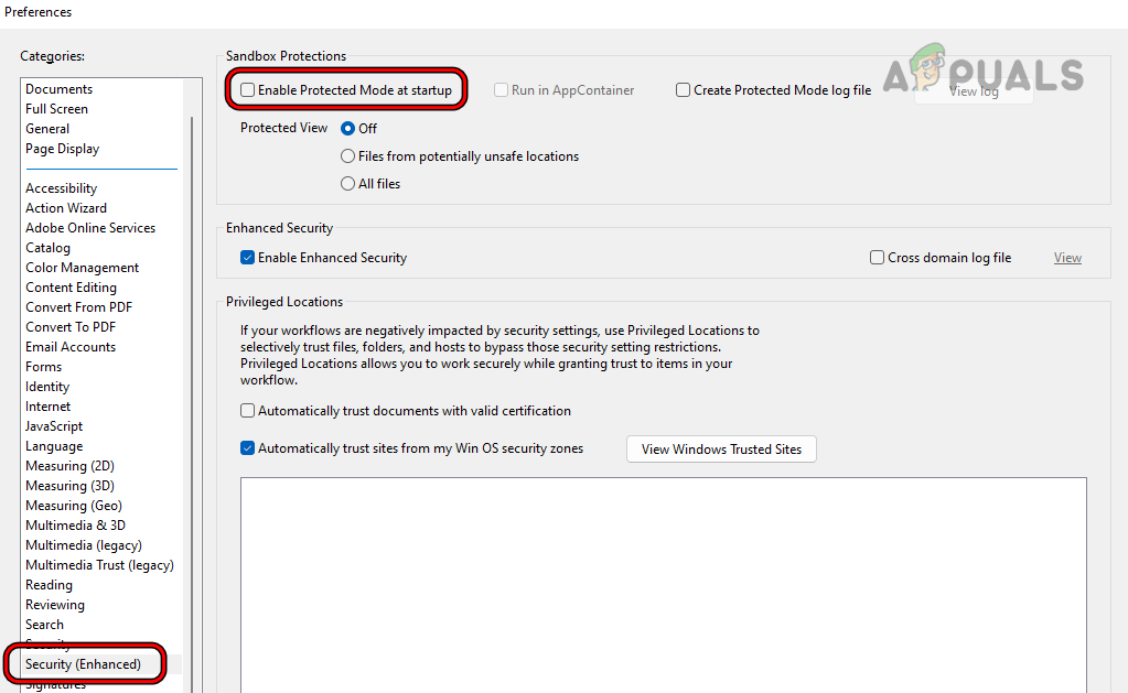 Uncheck Enable Protected Mode at Startup in the Adobe Acrobat Preferences