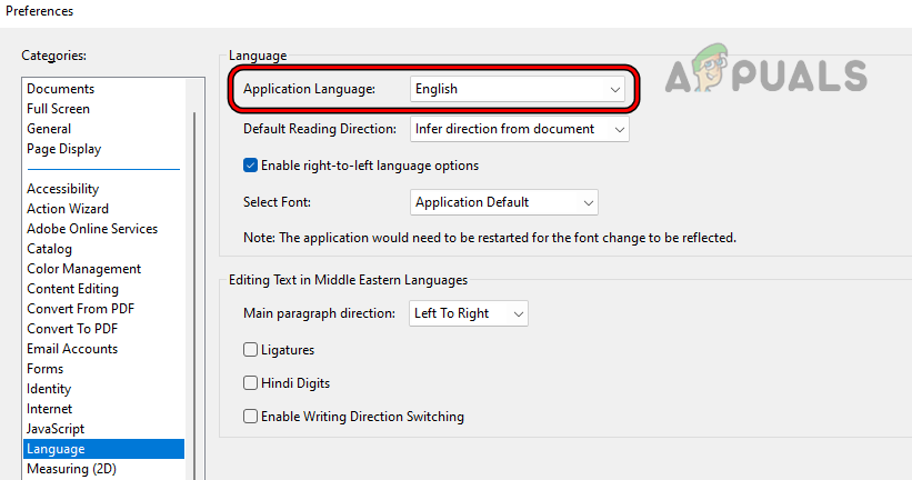Change Application Language to English in the Adobe Acrobat Preferences