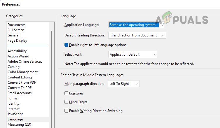Change Application Language to Same as The Operating System in the Adobe Acrobat Preferences