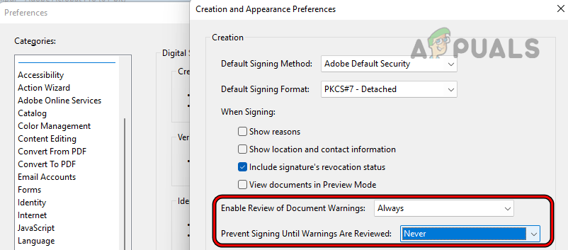 Change Warning Preferences of Adobe Acrobat