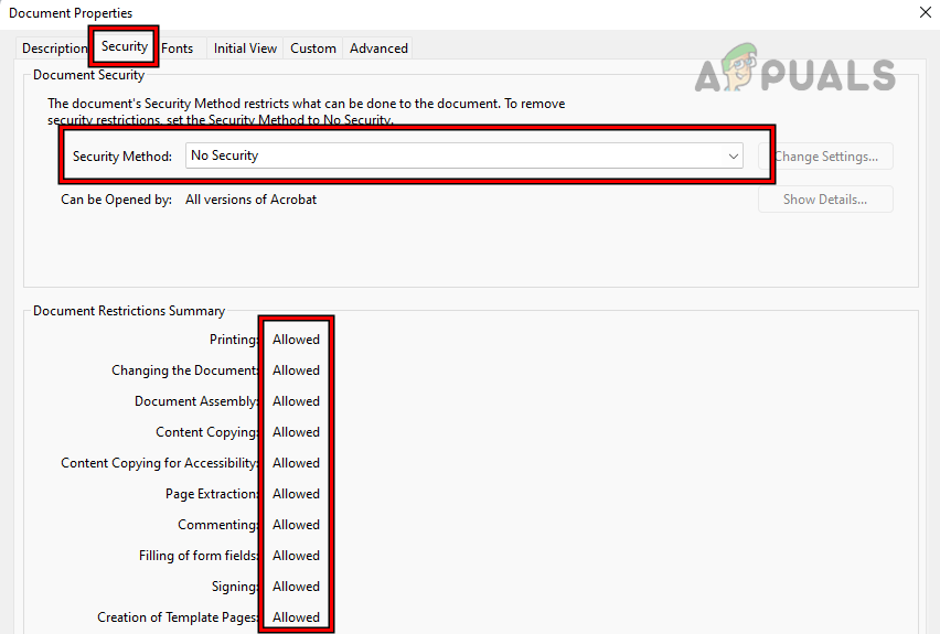Check Security of the Document in Adobe Acrobat
