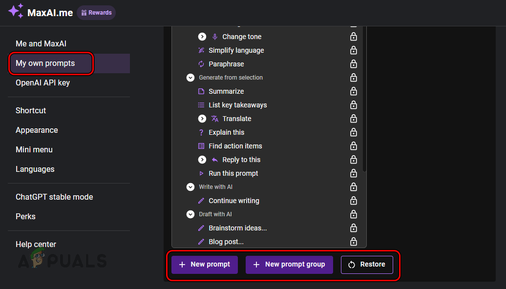 Create New Prompt, New Prompt Group, and Restore Prompts in the MaxAI Extension