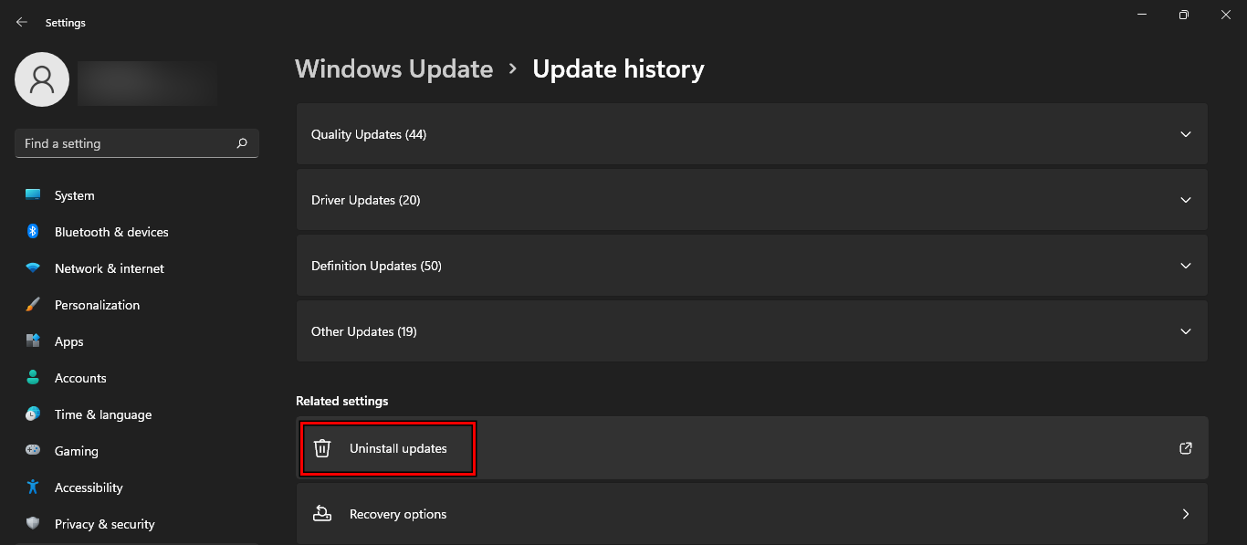 Open Uninstall Updates in the Update History