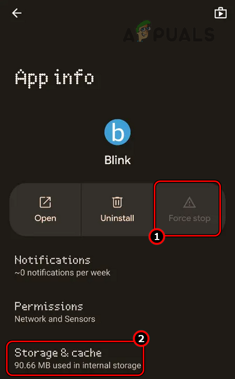 Force Stop the Blink App and Open its Storage Settings