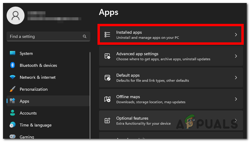 Opening the installed apps section