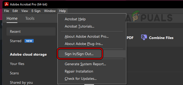 Open Sign in/Sign Out in the Help Menu of Adobe Acrobat