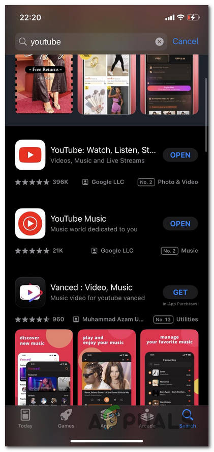 Selecting the YouTube application