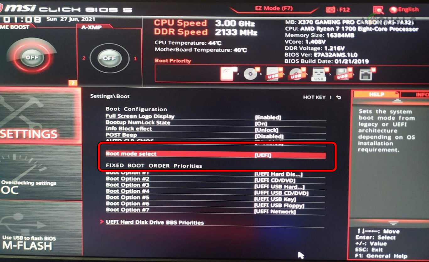 Disable CSM Mode in the MSI BIOS by Selecting UEFI