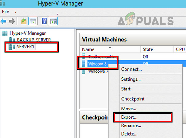 Export VM in the Hyper-V Manager
