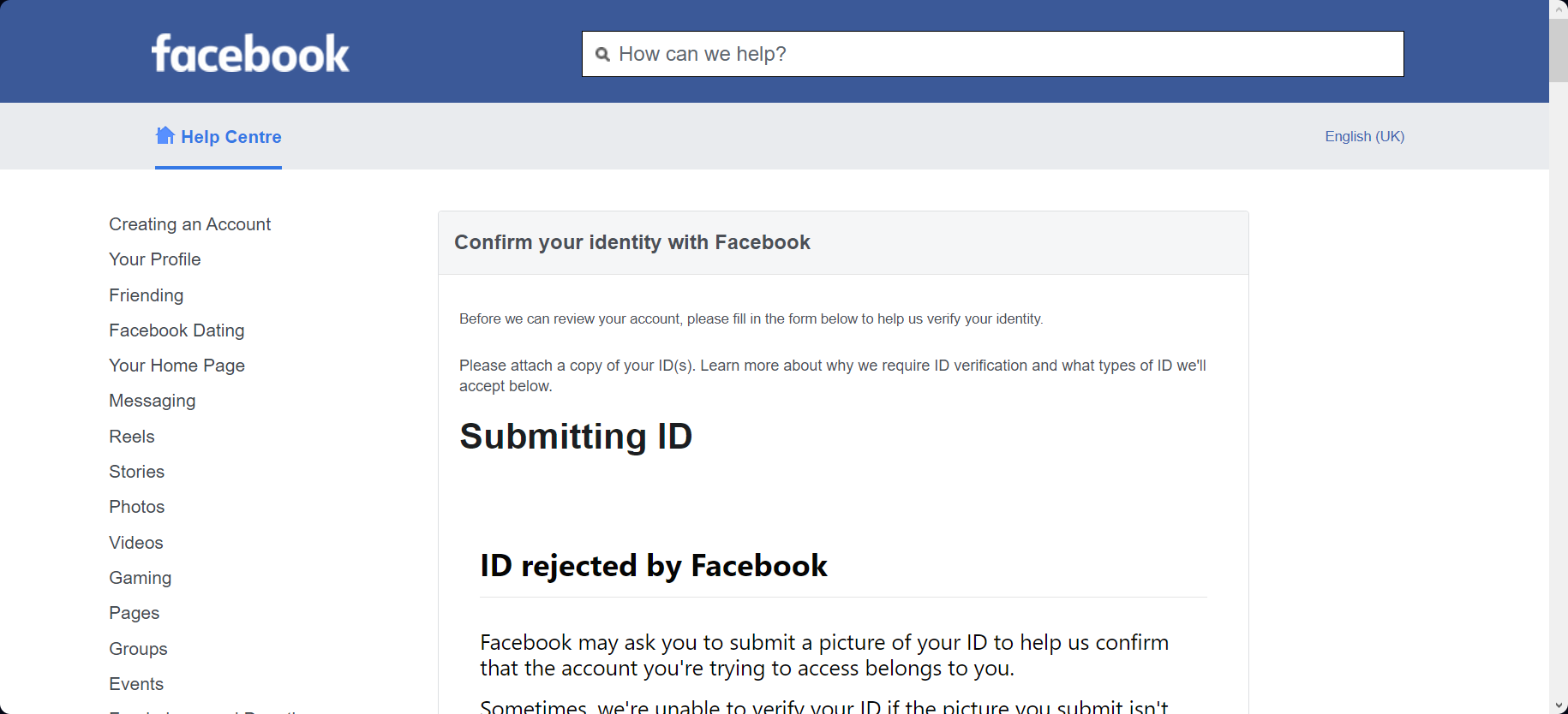Access Facebook's Verify Your Account page