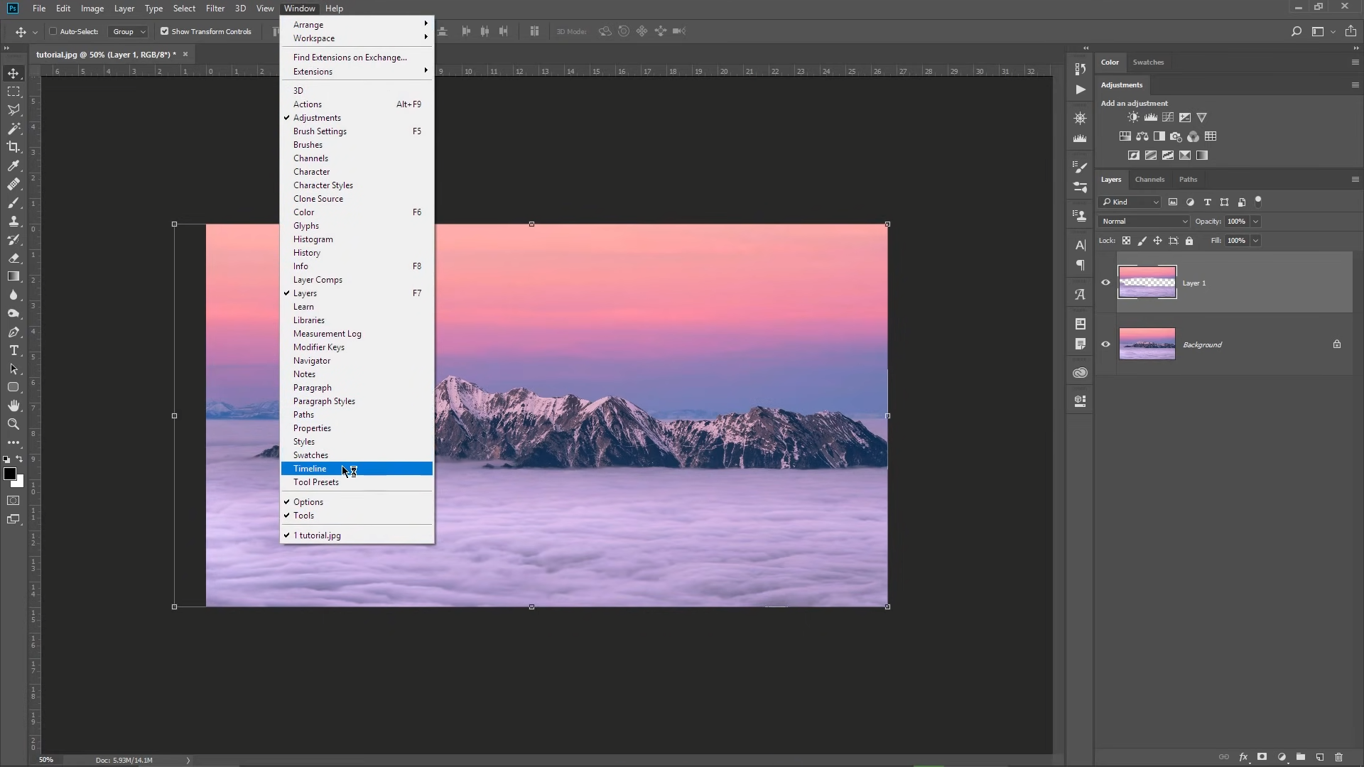 Opening The Timeline Window In Adobe Photoshop