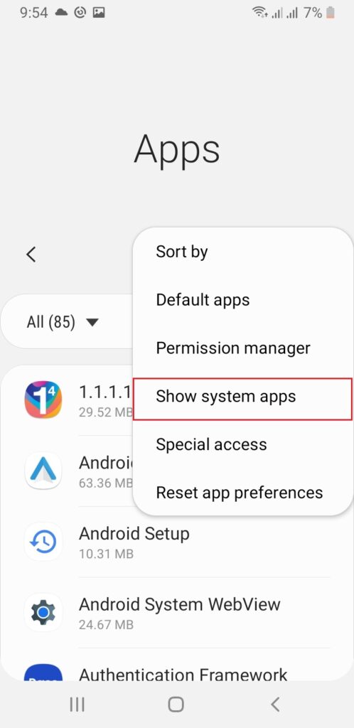 show system apps android