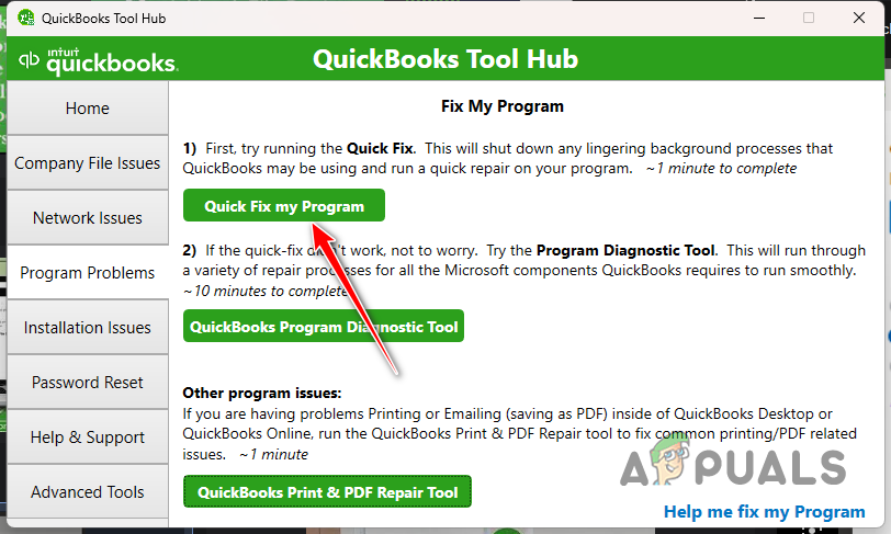 Running Quick Fix Troubleshooter