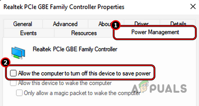 Uncheck Allow the Computer to Turn off This Device to Save Power