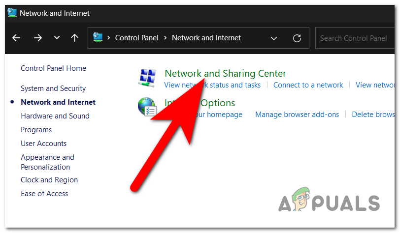 Accessing the Network and Sharing Center section