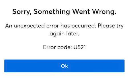 The image is a screenshot displaying an error message. The alt text for this image could be: 'Error message on a screen says 'Sorry, Something Went Wrong. An unexpected error has occurred. Please try again later. Error code: U521' with an 'Ok' button below it.'