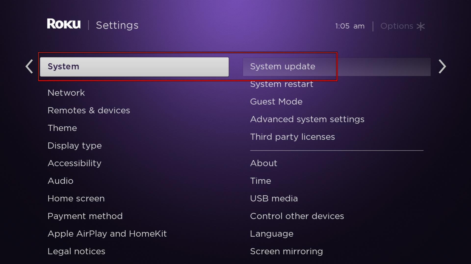 Open System Update in the Roku System Settings