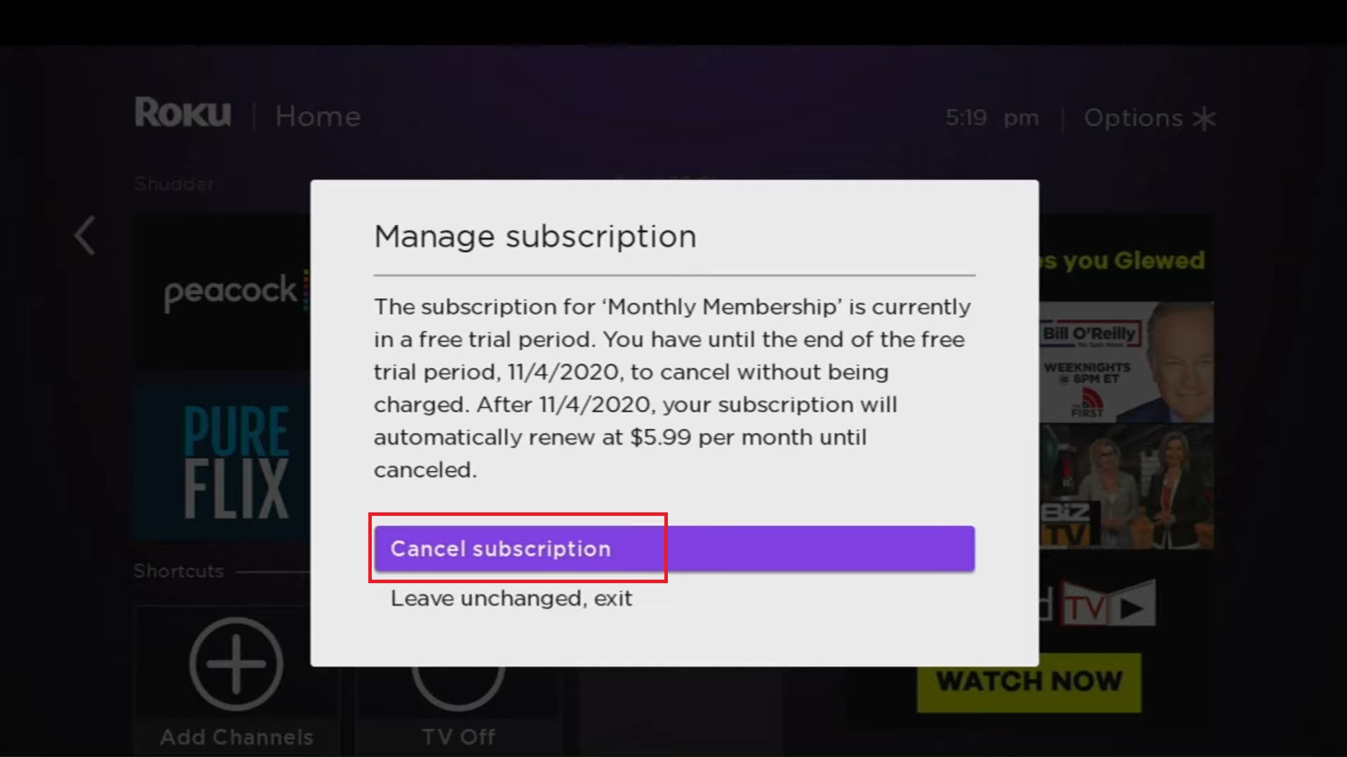 Click on Cancel Subscription.