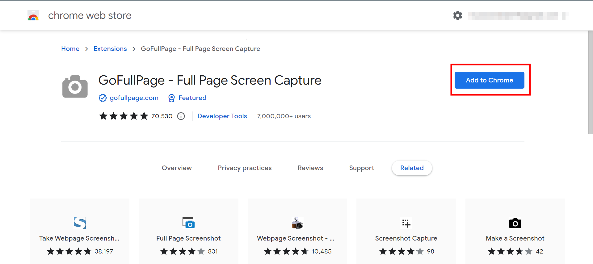 Visit the Chrome Web Store and click Add to Chrome for GoFullPage