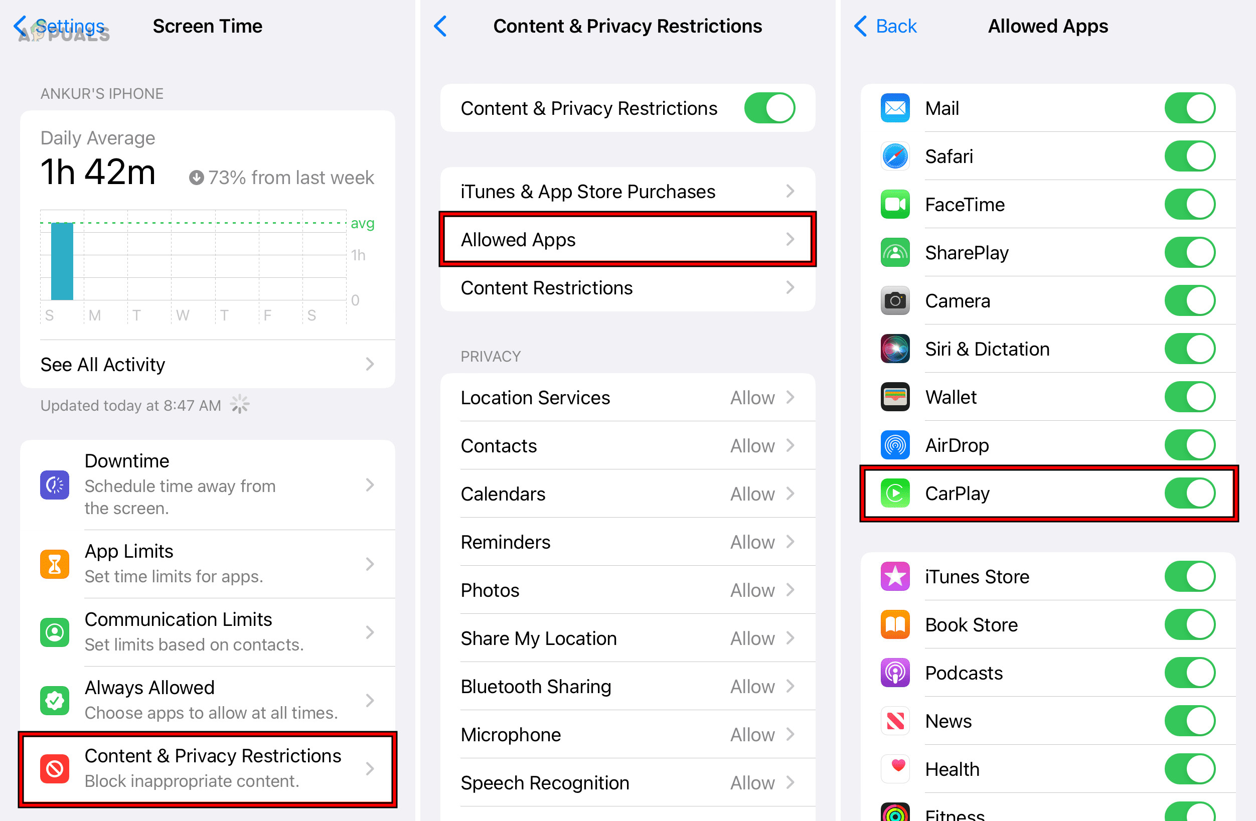Enable CarPlay in the iPhone's Screen Time Settings