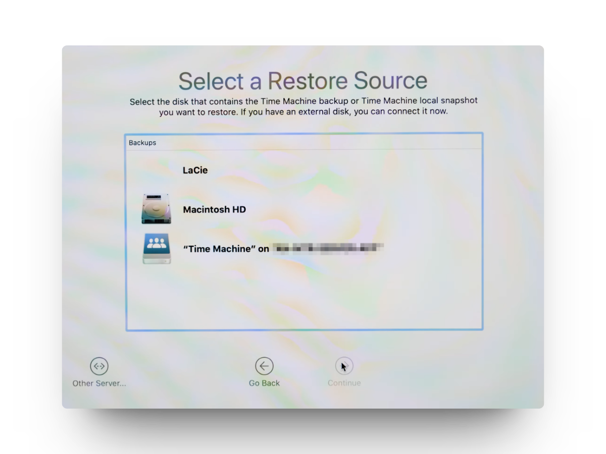 Select a Restore Source Time Machine