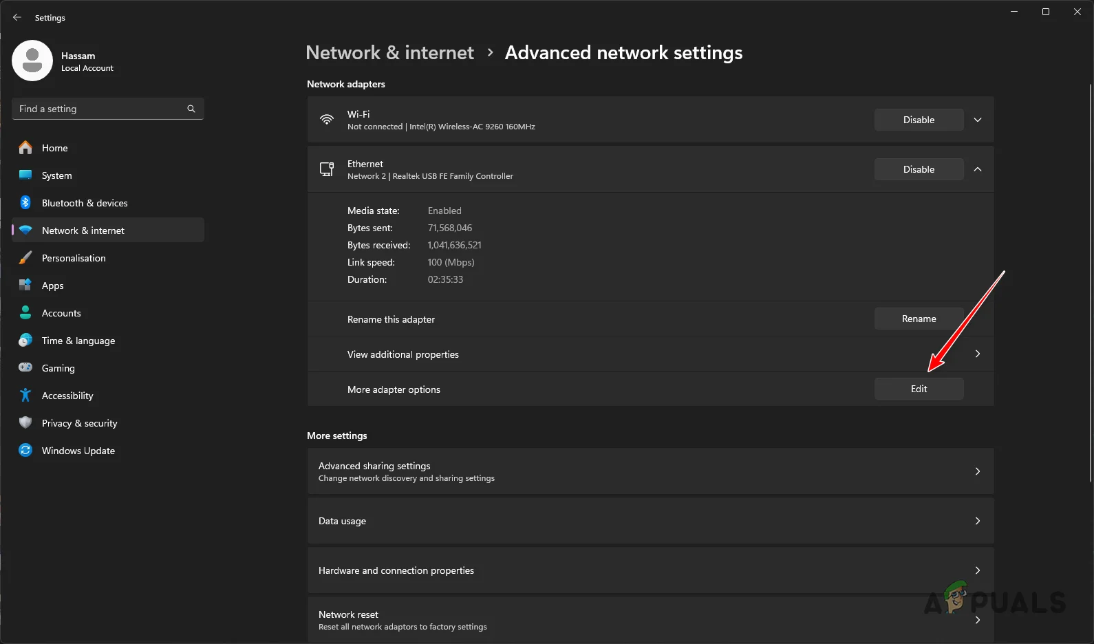 Accessing Network Adapter Options