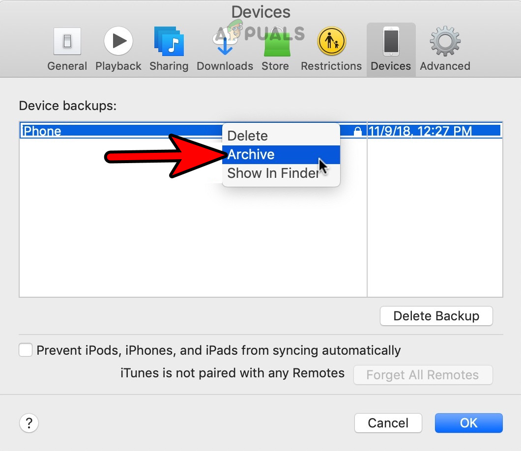 Archive the iPhone Backup in the iTunes or Finder