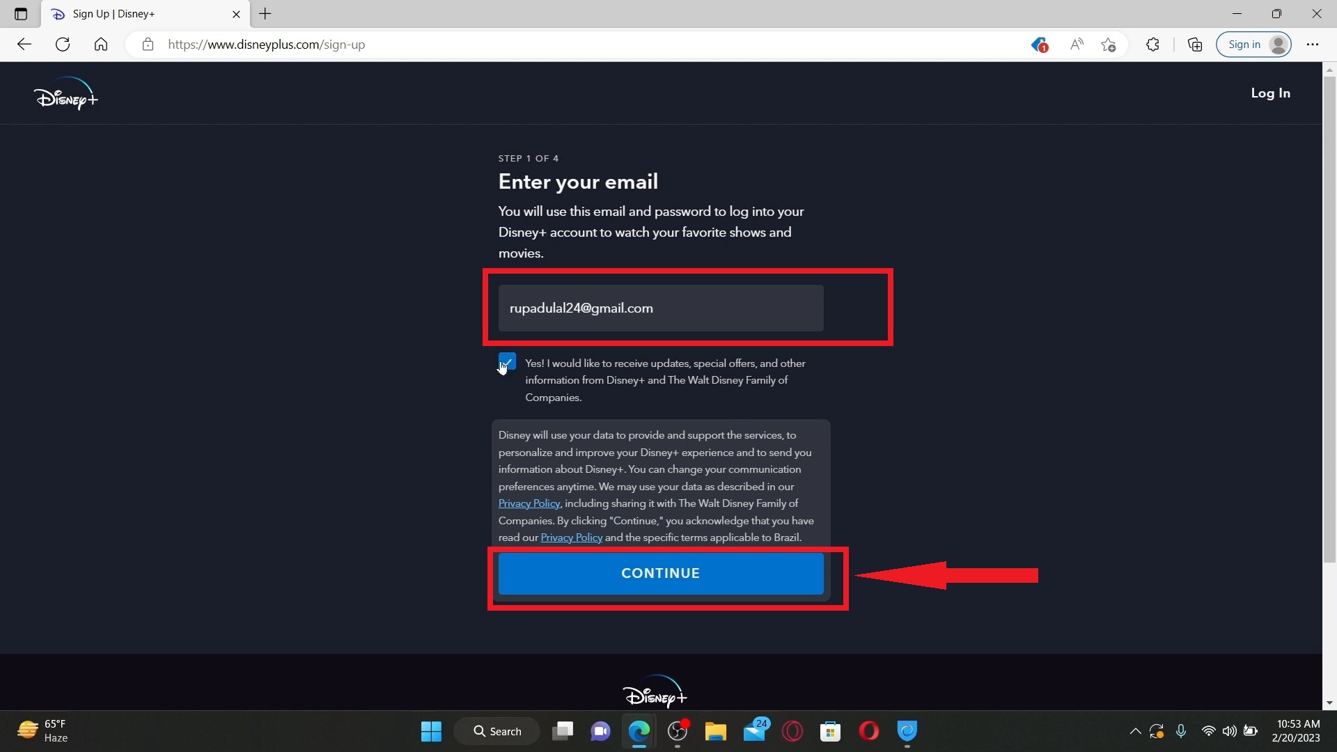 Enter emailand click continue