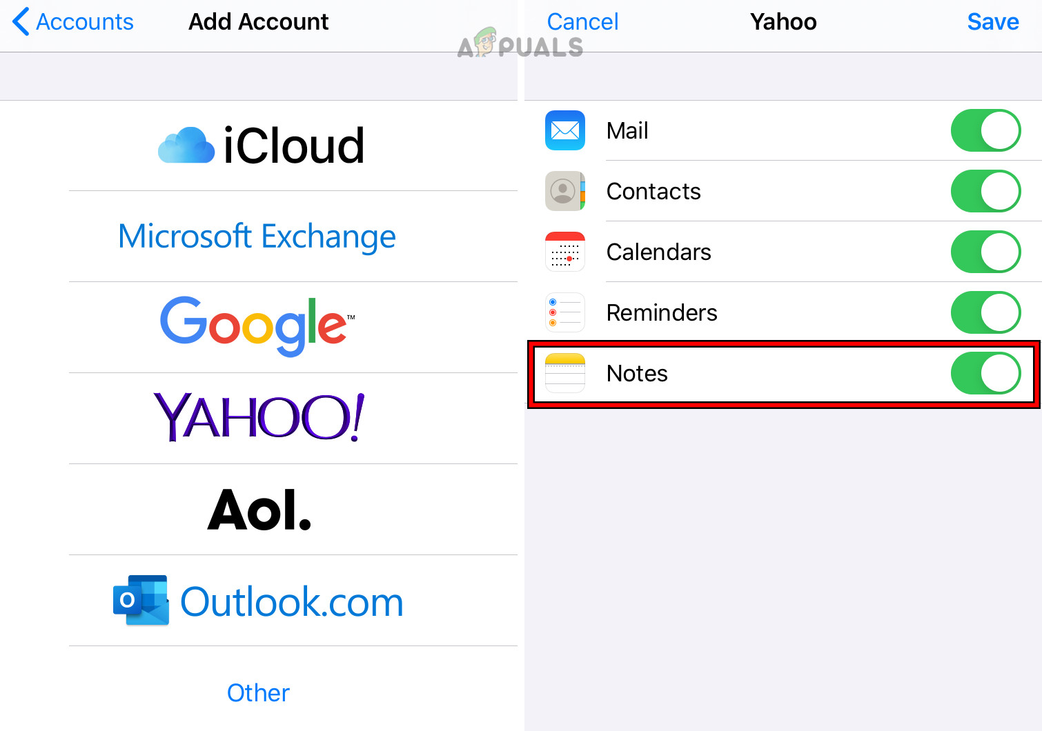 Enable Notes for the Email Account