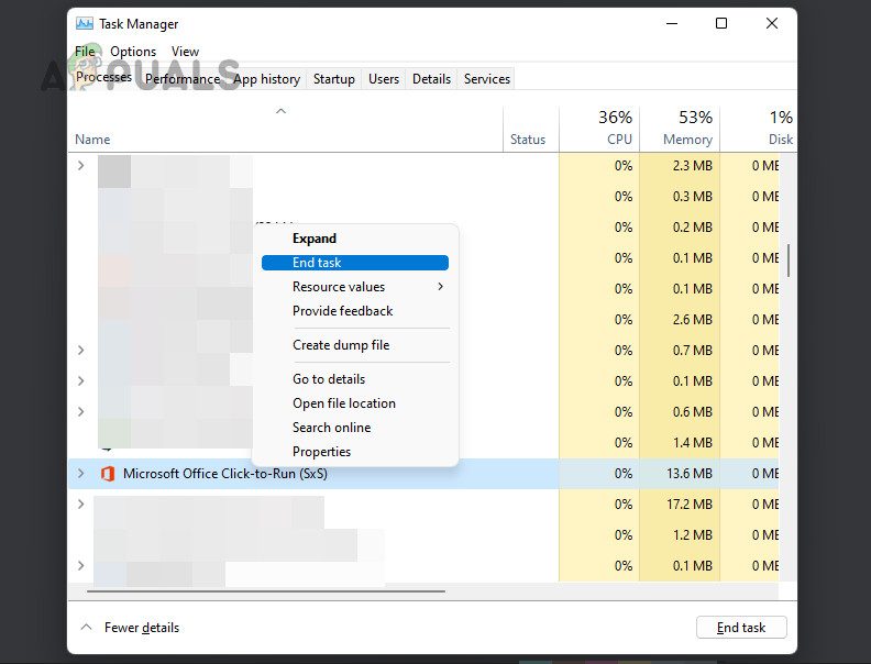 End Microsoft Office Click to Run in the Task Manager