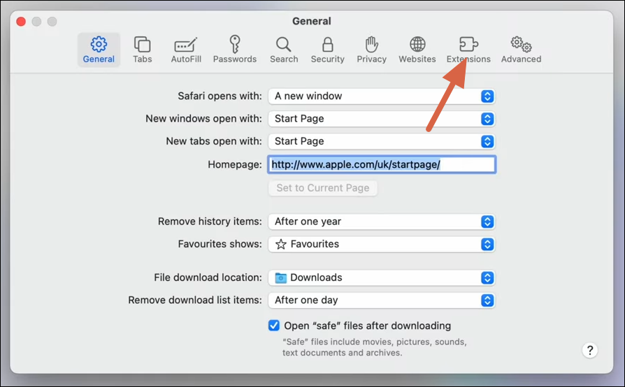 Extensions Tab Settings in Safari