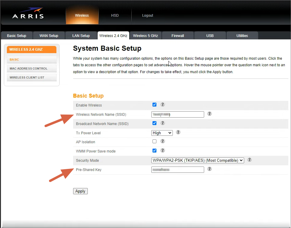 Change SSID Password on Arris Router