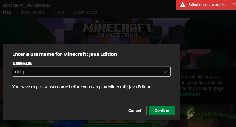Failed to Create Profile in Minecraft