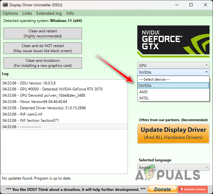 Selecting GPU Brand in DDU