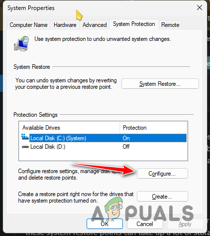 Configuring C Drive System Restore Settings
