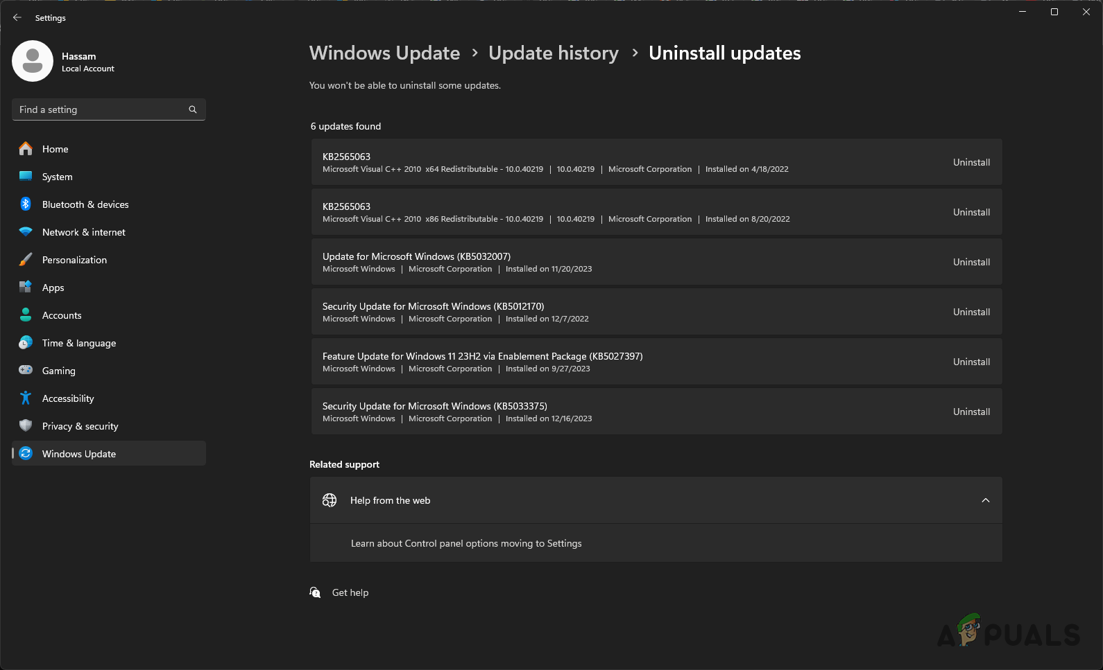 Uninstalling Windows Update