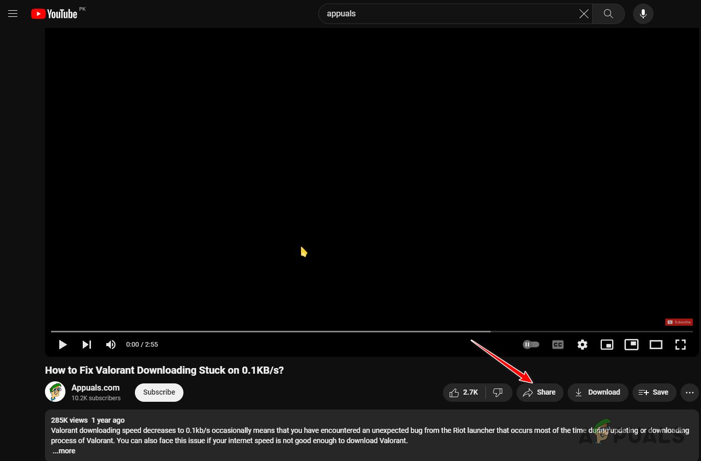 Opening YouTube Video Share Dialog Box
