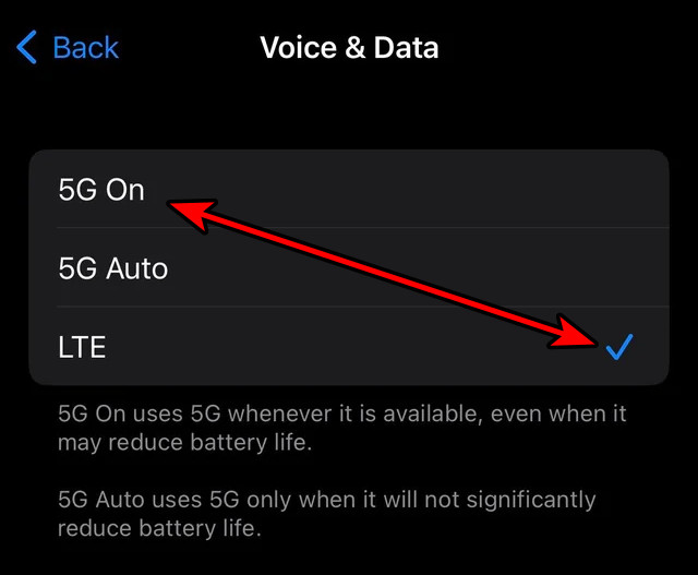 Disable and Enable 5G in the Voice & Data Settings of the iPhone