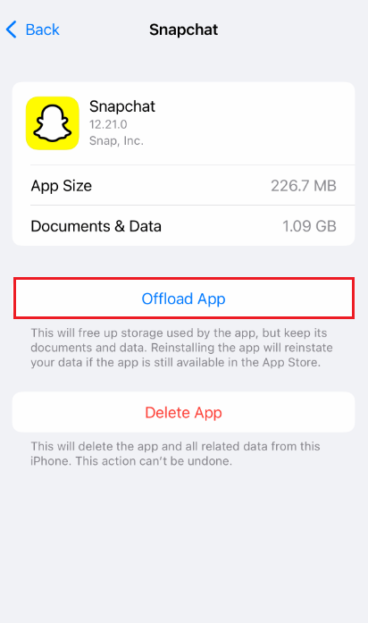 offload snapchat app iphone