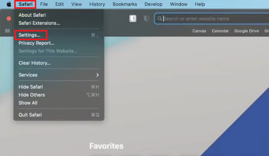 Safari Preferences option in menu