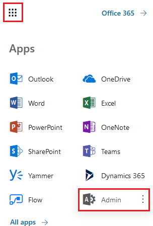 "Admin" highlighted in the app center of Microsoft office.