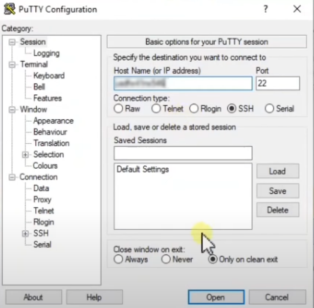 Putty Configuration window.