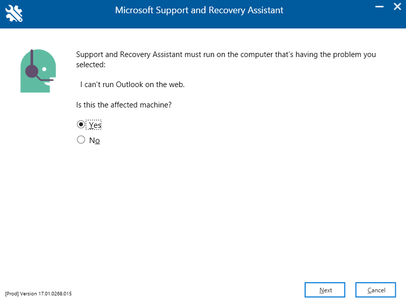 Image showing 'Yes' or 'No' option on the Microsoft Diagnostic tool.