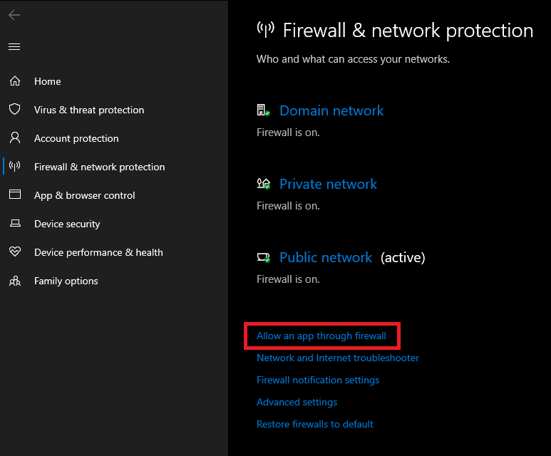 Windows Firewall settings option